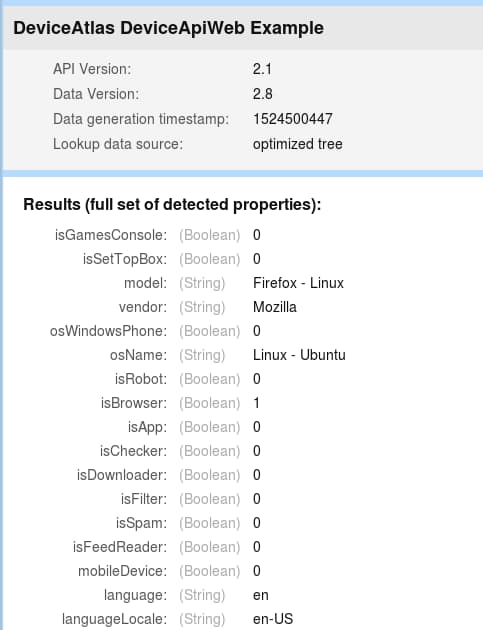 The output of the PHP API example script